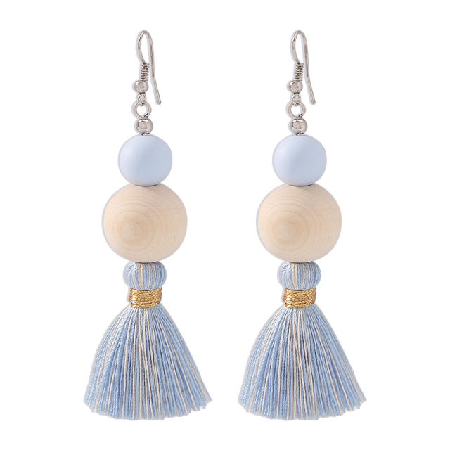 Bohemian wooden bead long-style thread tassel earrings