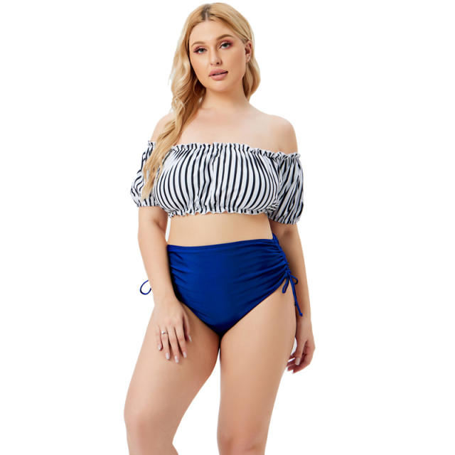 Sweet stripe off shoulder tops plus size swimsuit