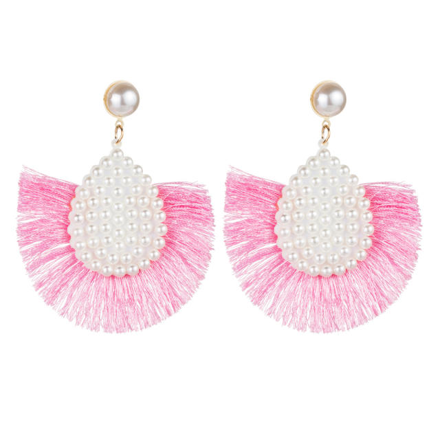 Pearl fan-shaped hoop tassel earrings