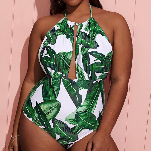Green leaf printing one piece backless swimsuit