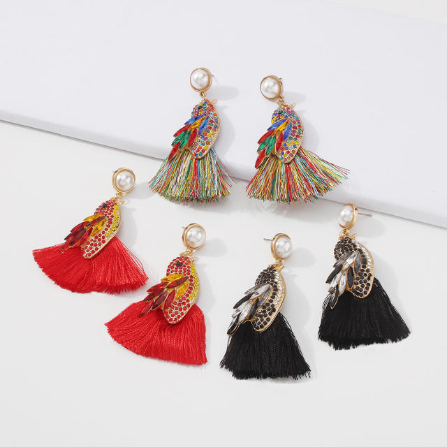 Diamond bird thread tassel earrings