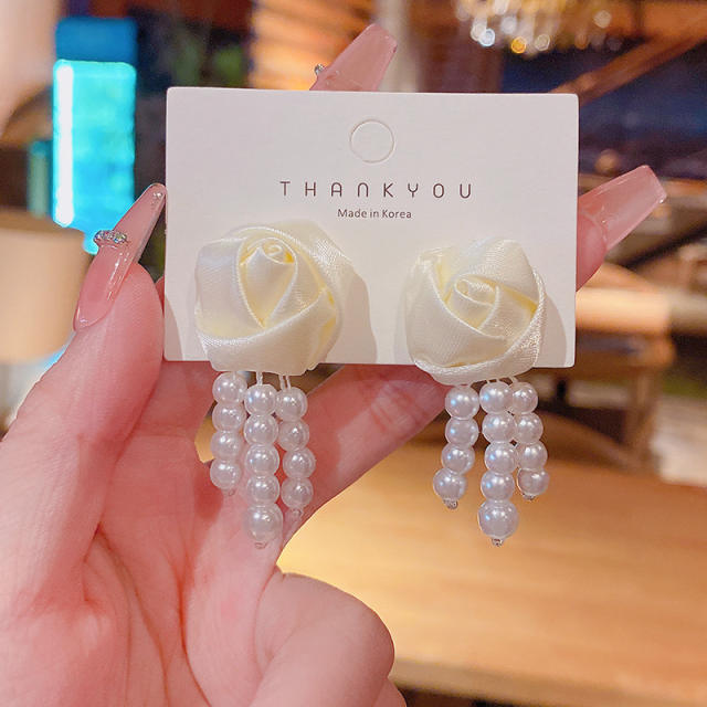 925 silver needle flower Pearl tassel earrings