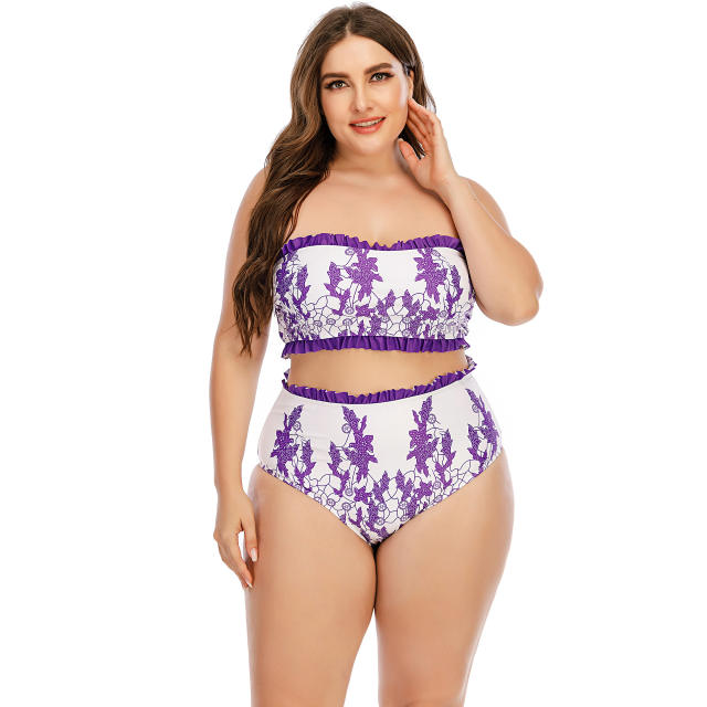 Purple color flowe print off shoulder swimsuit