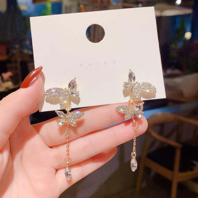 925 silver needle butterfly diamond chain tassel earrings