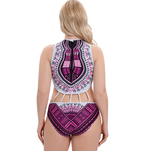 National printing back zipper one piece swimsuit