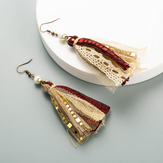 Bohemian pearl fabric lace tassel earrings