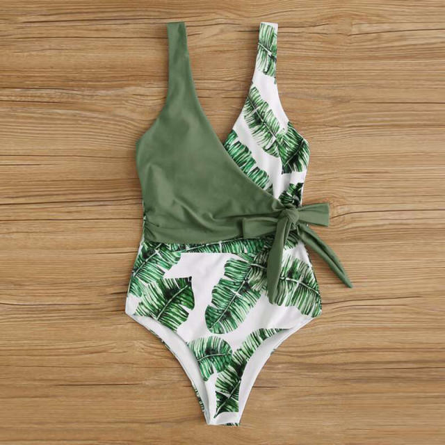 Leaf print one piece swimsuit