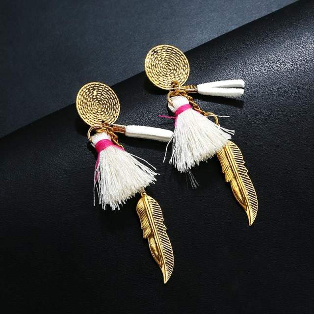 Metal leaf thread tassel earrings