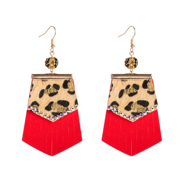 Leopard leather rhinestone thread tassel earrings