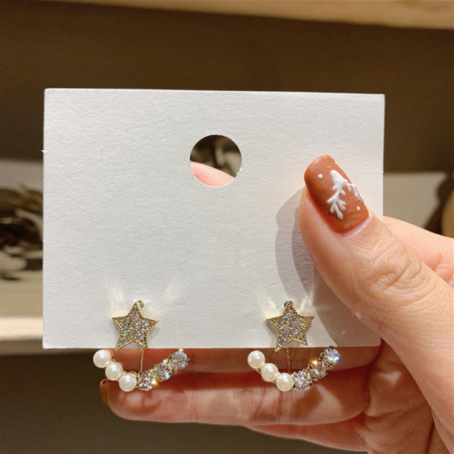 925 silver needle star rhinestone pearl jacket earrings