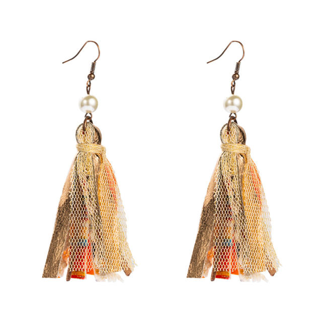 Bohemian pearl fabric lace tassel earrings