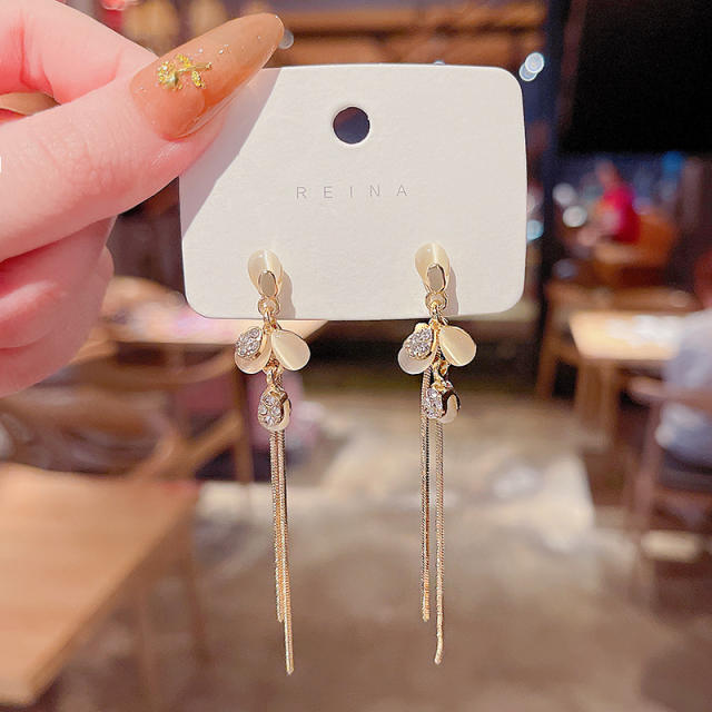 925 silver needle Opal diamond chain tassel earrings