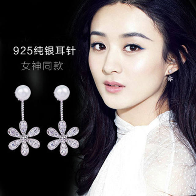 Fashion rhinestone pearl flower jacket earrings