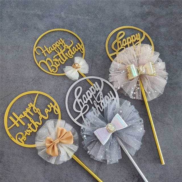 Mesh bow happy birthday cake toppers