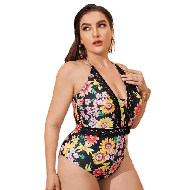 Plus size deep v floral printing one piece swimsuit