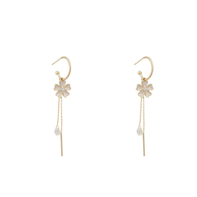 925 silver needle flower rhinestone chain tassel earrings