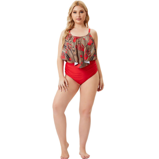 Plus size red color two piece swimwear