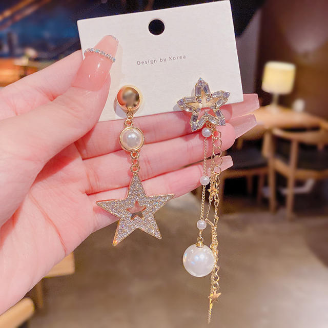 925 silver needle Pearl Star diamond-studded tassel earrings