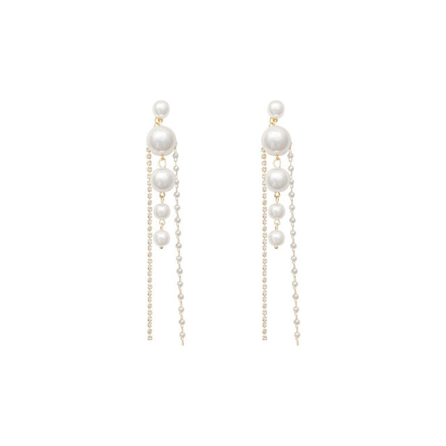 925 silver needle pearl chain diamond-studded tassel earrings