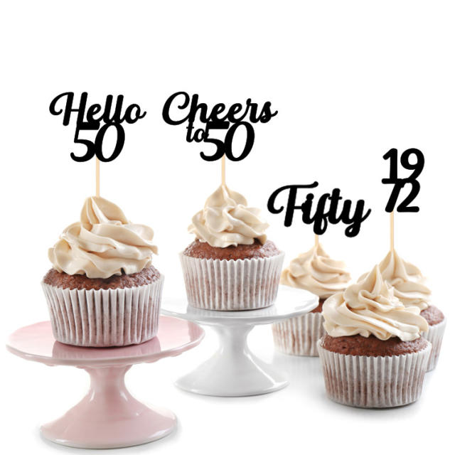 Hello 50 black birthday party cup cake toppers