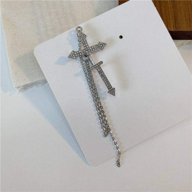 Fashion rhinestone cross chain tassel ear pin