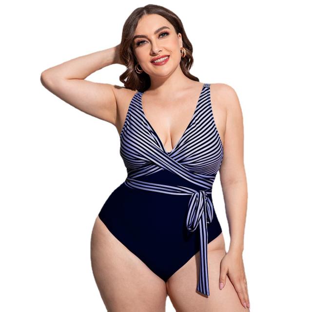 Plus size blue stripe one piece swimsuit
