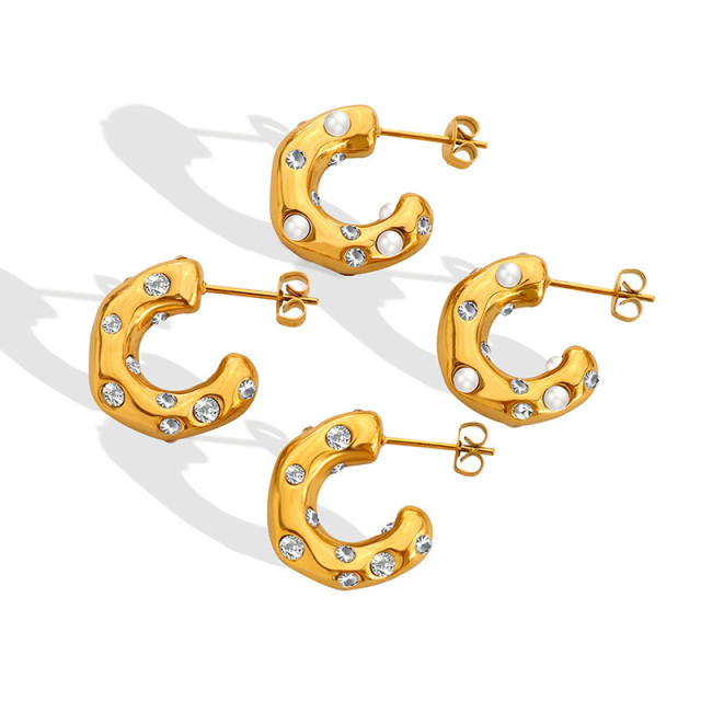 Titanium steel diamond pearl huggie earrings