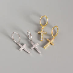 S925 cross diamond huggie earrings