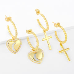 Vintage heart cross charm open hoop earrings