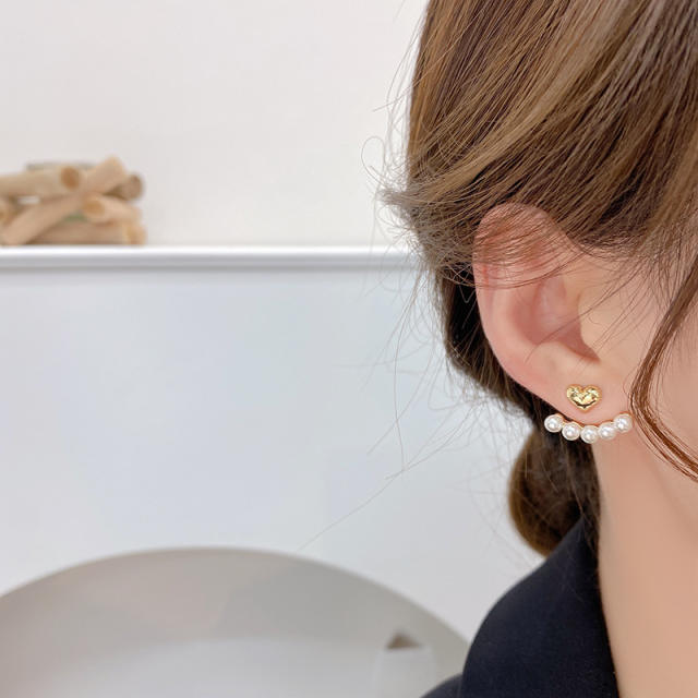 Gold heart pearl beaded jacket earrings