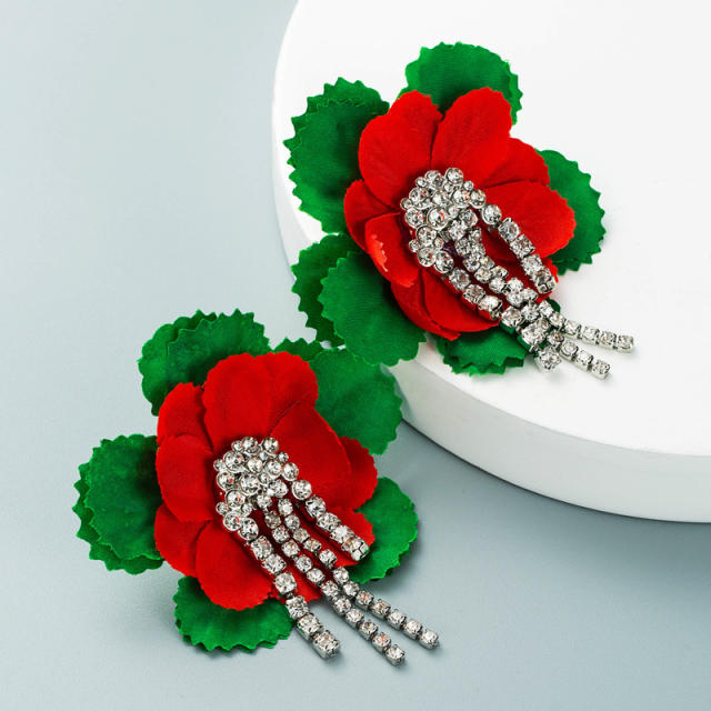 Rhinestone tassel flowers studs earrings