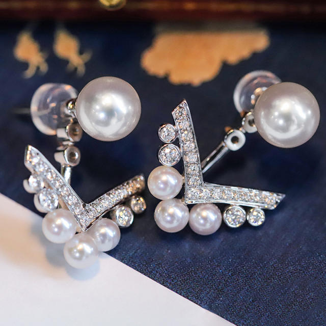 Faux pearl V shape jacket earrings