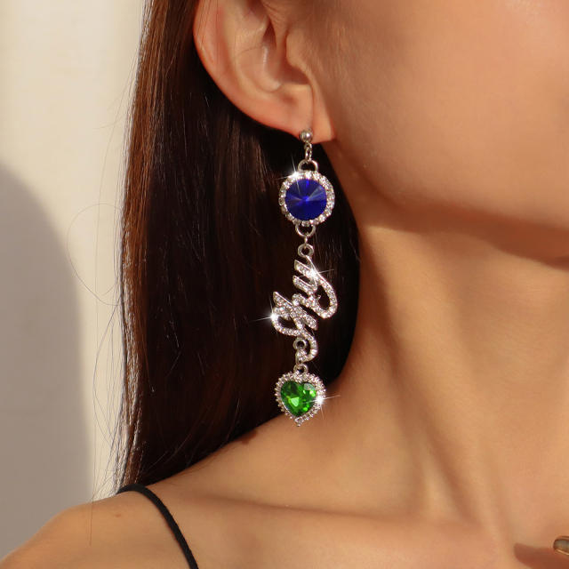 Letter rhinestone poodle drop earrings