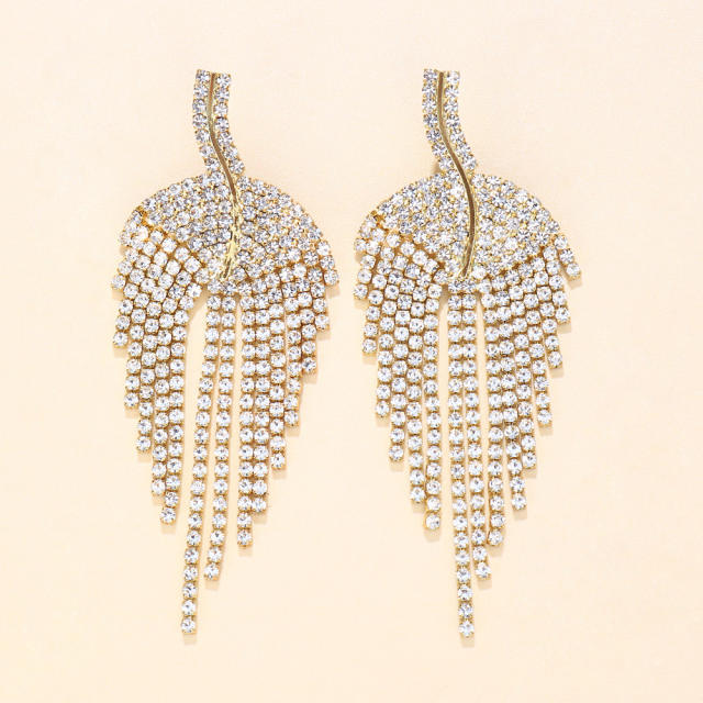 Rhinestone leaf tassel earrings