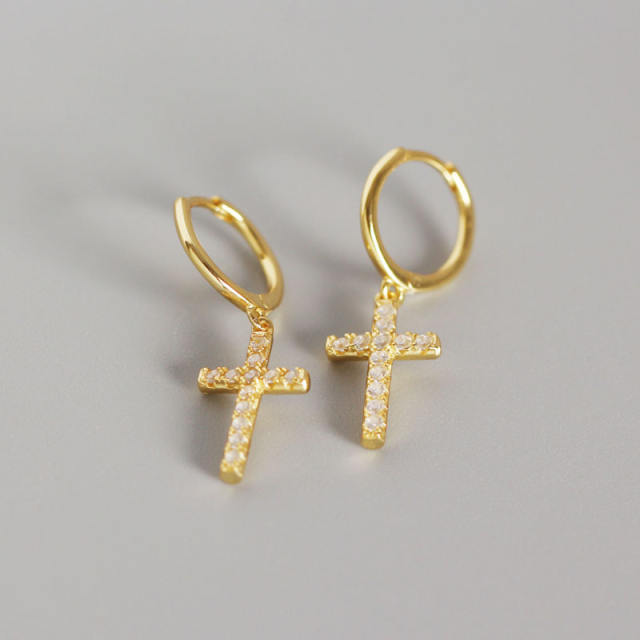 S925 cross diamond huggie earrings