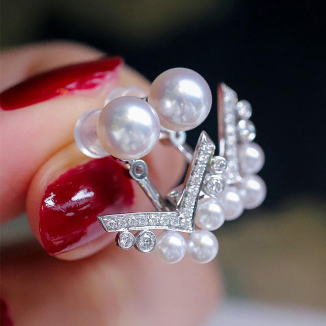 Faux pearl V shape jacket earrings