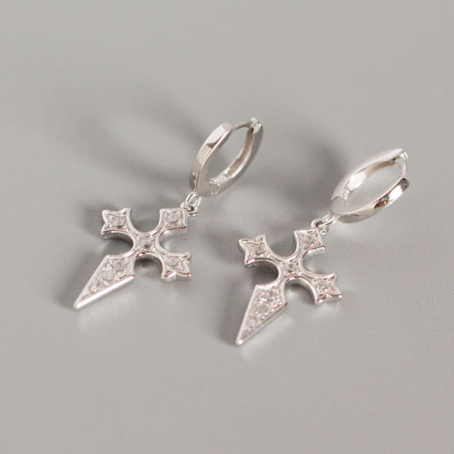 S925 Silver cross diamond baroque earrings