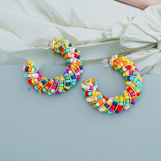 Boho seed beads twisted open hoop earrings