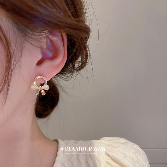 Opal stone bow cute ear studs