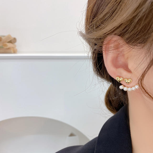 Gold heart pearl beaded jacket earrings