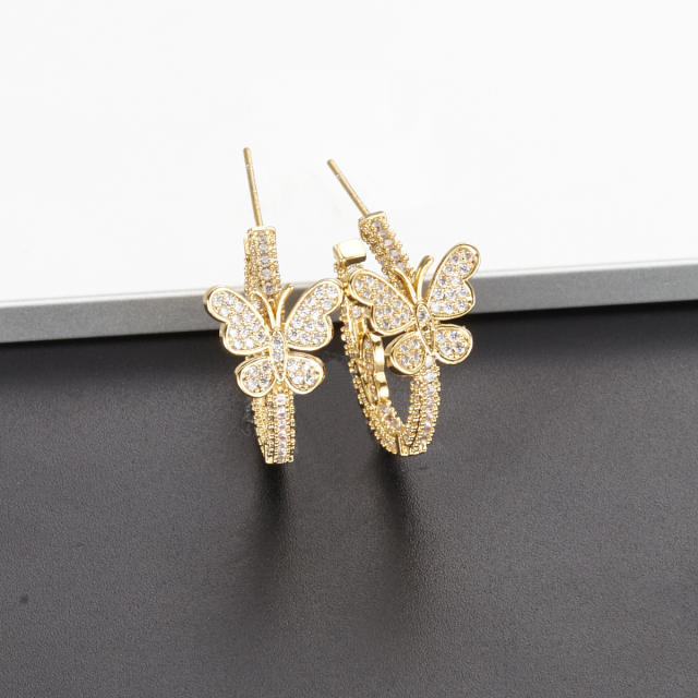 Diamond butterfly open hoop earrings