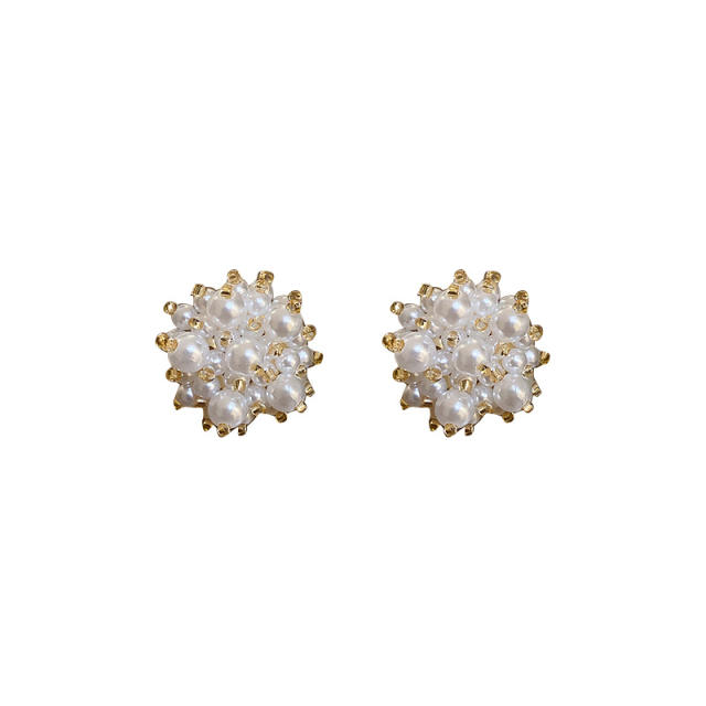 Silver needle pearl flower ear studs