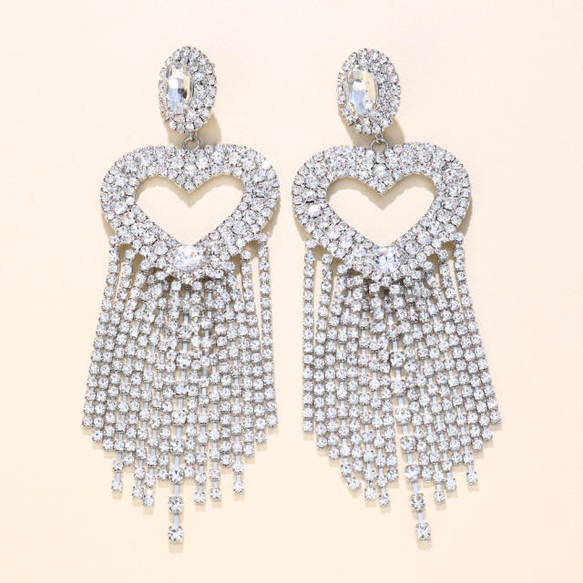 Rhinestone heart tassel dangle earrings