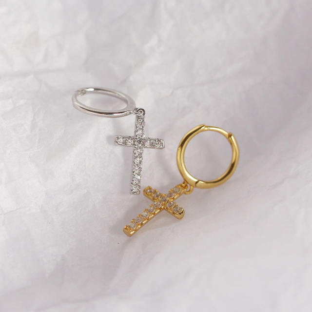 S925 cross diamond huggie earrings