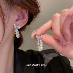 Cubic zircon bow pearl drop earrings