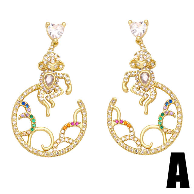 Diamond monkey padlock dangle earrings