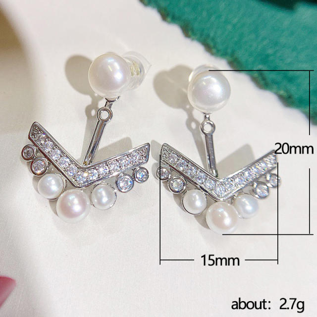 Faux pearl V shape jacket earrings