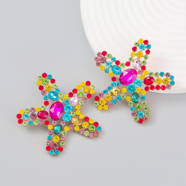 Statement rhinestone colored starfish ear studs