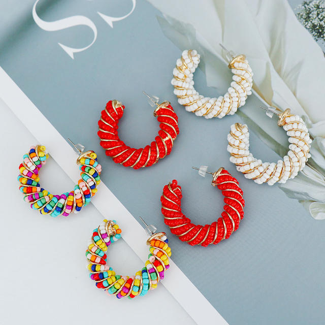 Boho seed beads twisted open hoop earrings