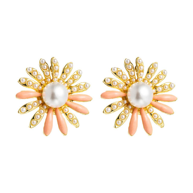 Pearl Sun flower studs earrings925 Silver Needle